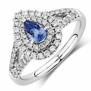 3ct Pear Cut Blue Sapphire Halo Split Band Engagement Ring 14k White Gold Finish