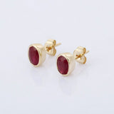 1ct Stud Earrings Oval Cut Pink Ruby Bezel Set Solitaire 14k Yellow Gold Finish