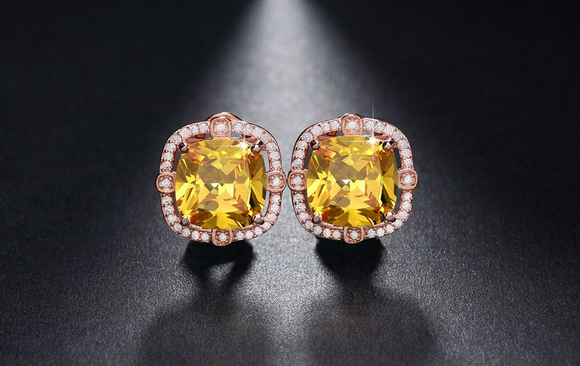 2ct Cushion Cut Yellow Citrine Halo Solitaire Stud Earrings 14k Rose Gold Finish