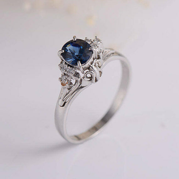 1ct Oval Cut Blue Sapphire Engagement Ring 14k WhiteGold Finish Art Deco Promise