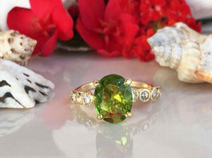 2.1ct Engagement Ring Oval Cut Peridot Round Diamond Accent 14k Yellow Gold Over