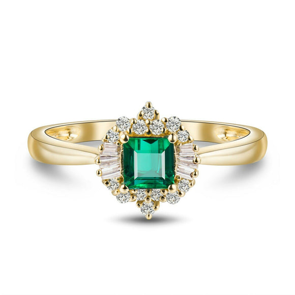 3Ct Princess Cut Green Emerald Sunburst Halo Engagement Ring 14K YellowGold Over