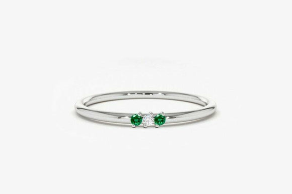 0.3ct Engagement Ring Round Diamond Emerald Accent Trilogy 14k White Gold Finish