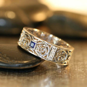 2.1ct Princess Blue Sapphire Wedding Band Vintage Filigree 14k White Gold Finish