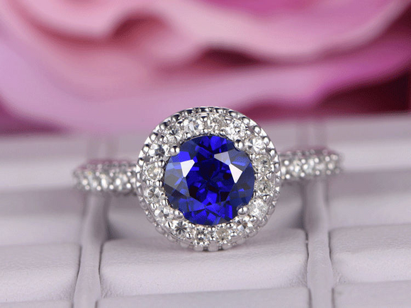 2.5ct Round Cut Blue Sapphire Milgrain Halo Solitaire Ring 14k White Gold Finish