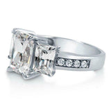 4Ct Emerald Cut Diamond Three Stone Ring 14K White Gold Finish with Round Accent