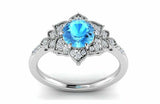 2.2ct Round Cut Blue Aquamarine Flower Milgrain Halo Ring 14k White Gold Finish