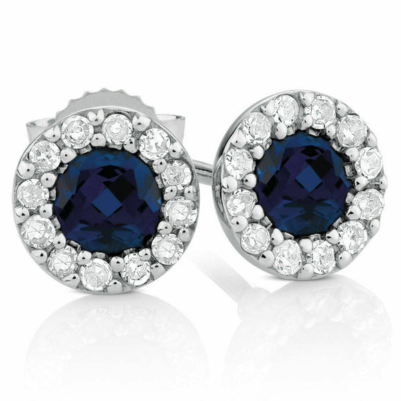 0.5ct Round Cut Blue Sapphire Diamond Halo Stud Earrings 14k White Gold Finish