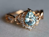 2ct Engagement Ring Pear Cut Blue Aquamarine Leaves Accent 14k YellowGold Finish