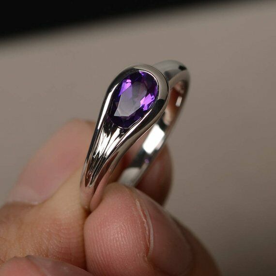 0.75ct Oval Cut Purple Amethyst Solitaire Engagement Ring 14k White Gold Finish