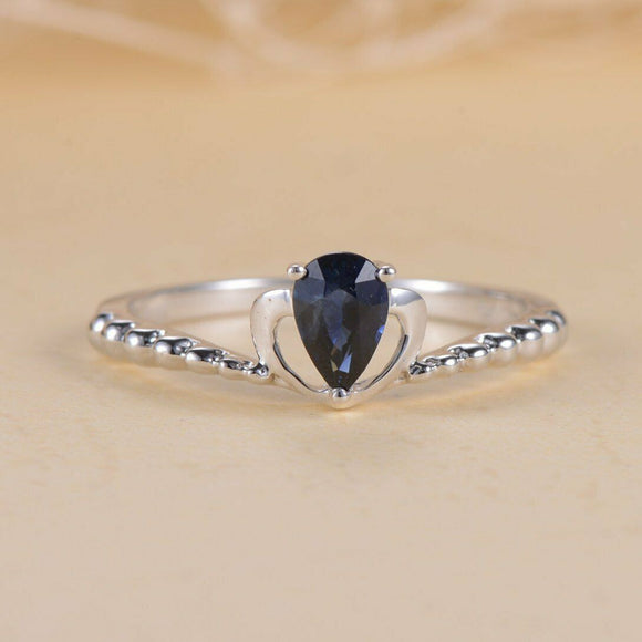 0.5ct Pear Cut Blue Sapphire Engagement Ring 14k White Gold Finish Stackable