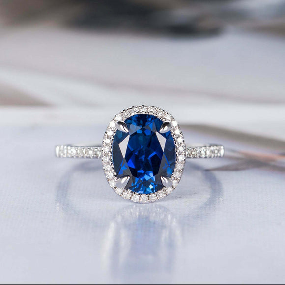 2.5ct Oval Blue Sapphire Engagement Ring Halo Diamond Accents 14k WhiteGold Over