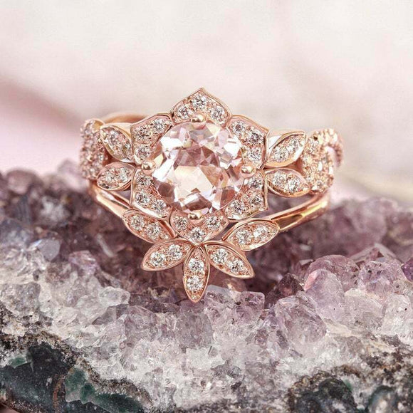 3ct Round Morganite Engagement Ring Flower Crown Bridal Set 14k Rose Gold Finish