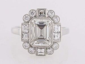 2ct Emerald Diamond Engagement Ring Art Deco Halo Milgrain 14k White Gold Finish