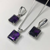 3ct Emerald Cut Purple Amethyst Drop Earring Pendant Set 14k White Gold Finish