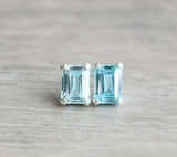 1.2ct Stud Earrings Emerald Cut Aquamarine Solitaire Design 14k WhiteGold Finish