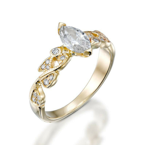 2ct Marquise Diamond Petal Leaf Solitaire with Accents Ring 14k Yellow Gold Over