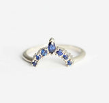 1.2ct Marquise Cut Blue Sapphire Wedding Band 14k White Gold Finish Curved Crown