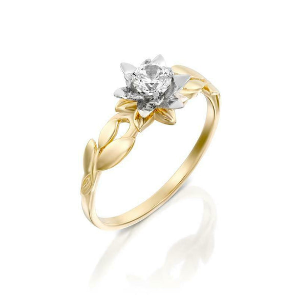 Floral Leaves Solitaire Engagement Ring 1ct Round Diamond 14k Dual Gold Finish