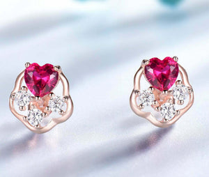 2ct Stud Earrings Heart Cut Pink Ruby Floral Partywear 14k Rose Gold Finish