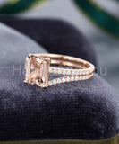 2ct Emerald Cut Simulated Peach Morganite Curved Bridal Set 14k Rose Gold Plated