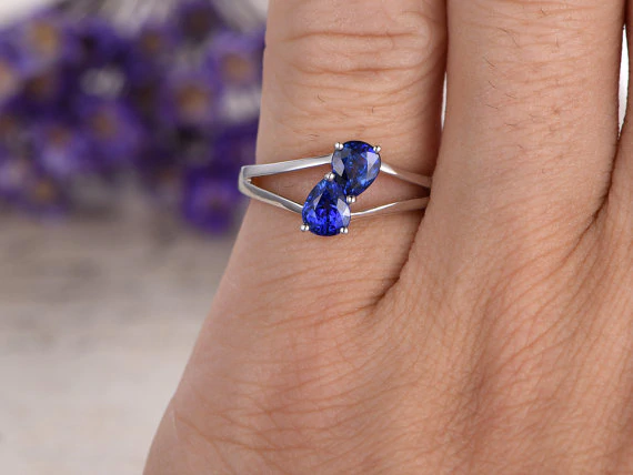 1ct Pear Blue Sapphire Engagement Ring Two Stone Split Shank 14k White Gold Over