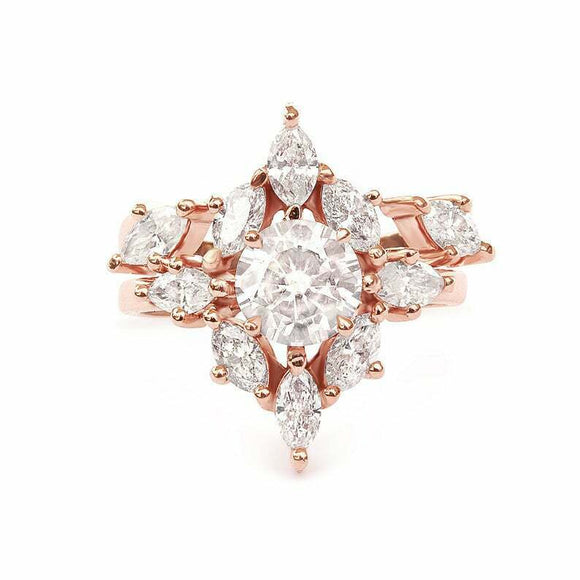 2.5ct Round Cut Diamond Engagement Ring Art Deco Bridal Set 14k Rose Gold Finish