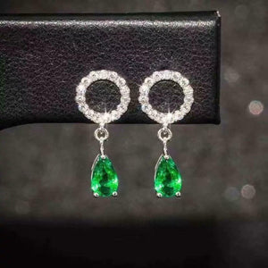 2.3ct Drop Earrings Pear Cut Green Emerald Disc Design 14k White Gold Finish