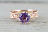 1ct Round Cut Purple Amethyst Engagement Ring 14k RoseGold Over Beaded Solitaire