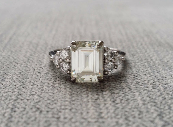 3Ct Emerald Cut Diamond Engagement Ring 14K White Gold Finish Three Stone Accent