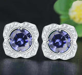 2.5ct Stud Earrings Round Cut Blue Tanzanite Diamond Floral 14k WhiteGold Finish