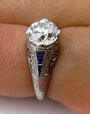 3Ct Round Diamond Sapphire Vintage Art Deco Engagement Ring 14K White Gold Over