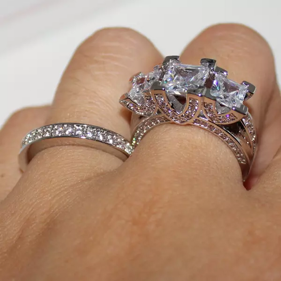 5Ct Princess Cut Diamond Cocktail Iced Bridal Set Engagement 18K White Gold Over