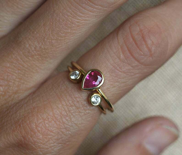 1ct Pear Cut Pink Ruby Engagement Ring 14k Yellow Gold Over Round Accent Trilogy