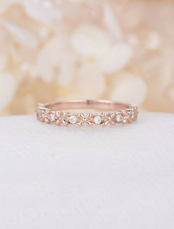 1ct Round Cut Diamond Wedding Band Floral Petite Half Eternity 14k RoseGold Over