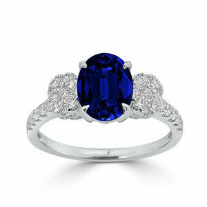 3Ct Oval Cut Blue Sapphire Cluster Accent Diamond Ring 14K White Gold Finish