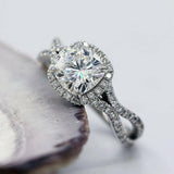 3Ct Cushion Cut Diamond Unique Split Shank Engagement Ring 14K White Gold Finish