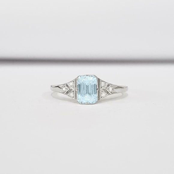 1.2ct Emerald Cut Blue Aquamarine Round Diamond Accents Ring 14k White Gold Over