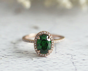 2.5Ct Oval Cut Green Emerald Diamond Halo Engagement Ring 14K Rose Gold Finish