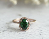 2.5Ct Oval Cut Green Emerald Diamond Halo Engagement Ring 14K Rose Gold Finish