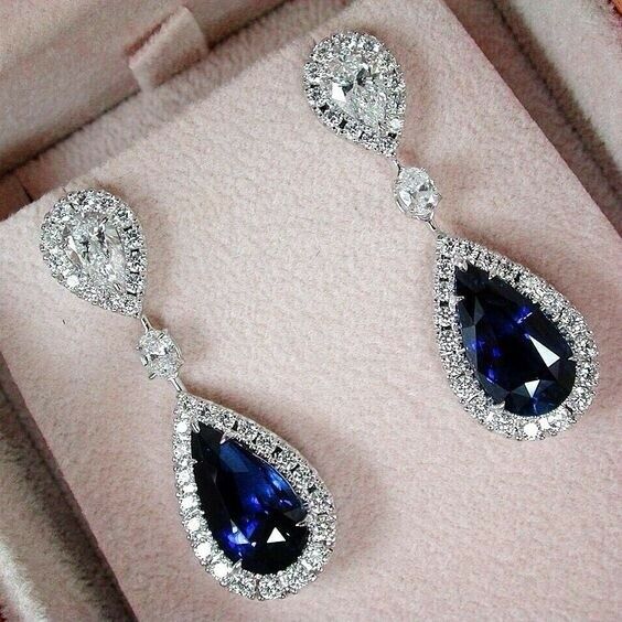 2.5ct Pear Cut Blue Sapphire Tear Drop Women Earrings 14k White Gold Finish