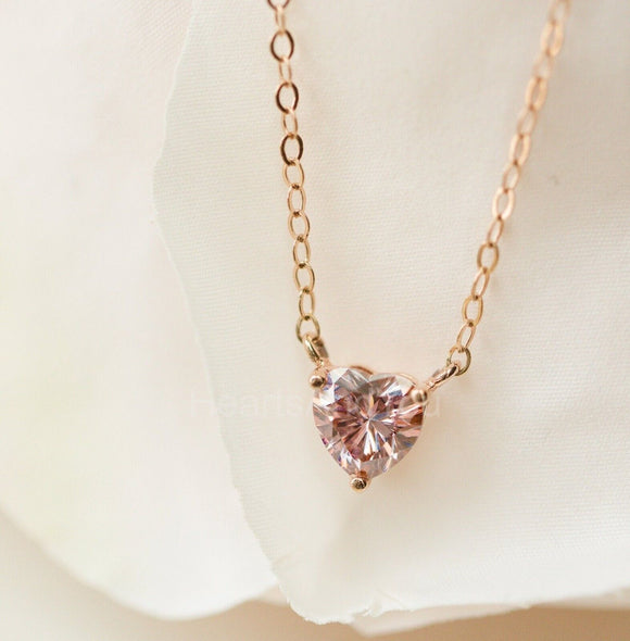 1ct Heart Simulated Peach Morganite Solitaire Pendant Chain 14k Rose Gold Plated