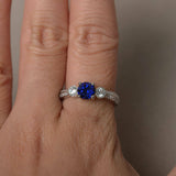 1ct Round Cut Blue Sapphire Engagement Ring 14k White Gold Finish Diamond Accent