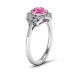 2.2ct Round Cut Pink Sapphire Flower Milgrain Halo Ring 14k White Gold Finish