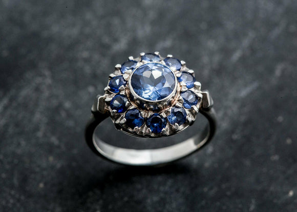 2.8ct Engagement Ring Round Cut Blue Sapphire Vintage Halo 14k White Gold Finish