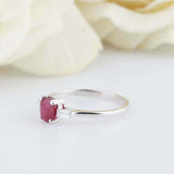 1.5ct Cushion Cut Pink Ruby Baguette Accents Trilogy Ring 14k White Gold Finish