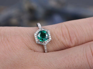 2Ct Round Cut Green Emerald Hexagon Shape Engagement Ring 14K White Gold Finish