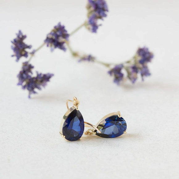 1.2ct Pear Cut Blue Sapphire Tear Drop Earring Women 14k Yellow Gold Finish