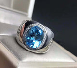 2ct Oval Cut Blue Topaz Signet Halo Men Engagement Ring 14k White Gold Finish