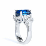 3.08ct Cushion Cut Blue Sapphire Engagement Ring Trilogy 14k White Gold Finish